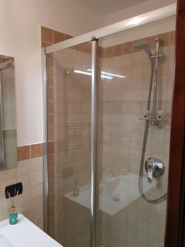 La salle de bains est pourvue d'une douche avec une porte en verre. dans l'établissement Il Grottino, à Pescasseroli