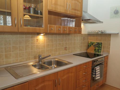 Il comprend une cuisine équipée d'un évier et d'une cuisinière. dans l'établissement Apartmán Penzák, à Vysoké Tatry