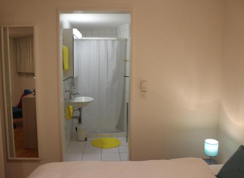 ein Bad mit einem Bett, einer Dusche und einem Waschbecken in der Unterkunft A Casa Fina- a modern room close to Basel in Therwil