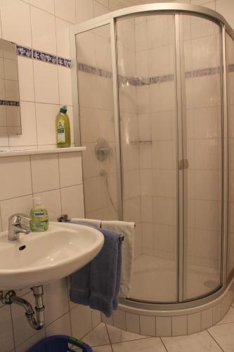 a bathroom with a shower and a sink at Haus Kleemann in Norderney