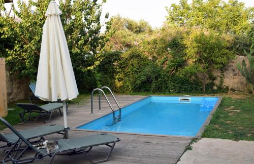 a pool with an umbrella and a table and a chair and an umbrella at Venetian Cistern Villa in Kalamítsion Alexándrou