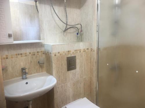 a bathroom with a sink and a shower at Stylish spacious flat in Sofia