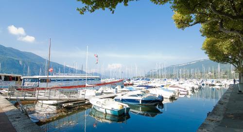 a bunch of boats are docked in a marina at Hôtel L'Iroko The Originals City in Aix-les-Bains