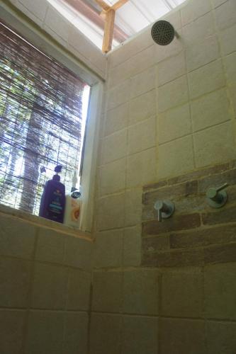 ein Bad mit einer Dusche und einem Fenster in der Unterkunft Cebaco Sunrise Lodge in Isla Cebaco 