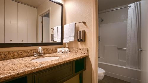 a bathroom with a sink and a toilet and a mirror at Best Western Yuba City Inn in Yuba City