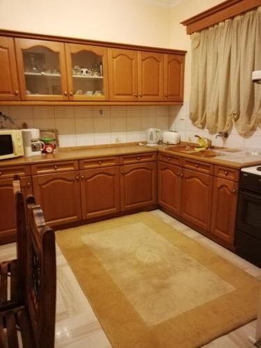 a kitchen with wooden cabinets and a sink at Family Apartment in Patra