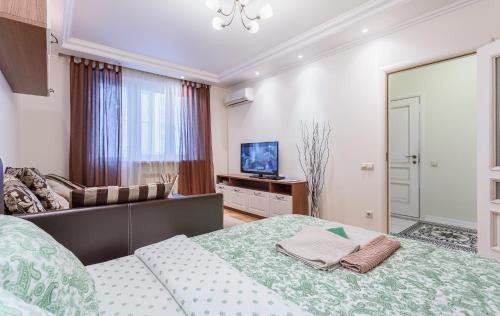 モスクワにあるFortEstate Novye Cheremushkiのベッドルーム(大型ベッド1台、テレビ付)