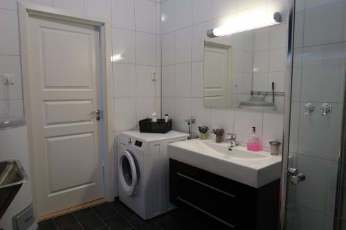 a bathroom with a washing machine and a sink at Fjellivet in Lakselv
