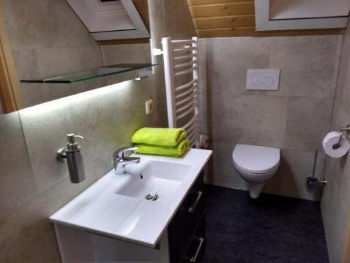 a bathroom with a white sink and a toilet at Pension "Der Sulzbachhof" in Lehrberg