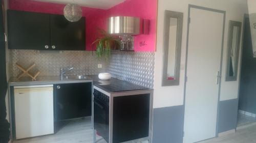a kitchen with black cabinets and pink walls at Le vieux Pressoir in Saint-Germain-lès-Arlay