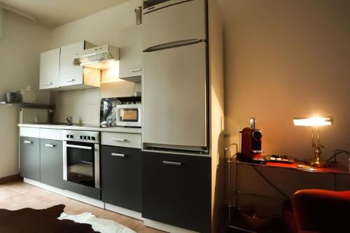 フィールンハイムにあるKant-Hausの白いキャビネットと大型冷蔵庫付きのキッチンが備わります。