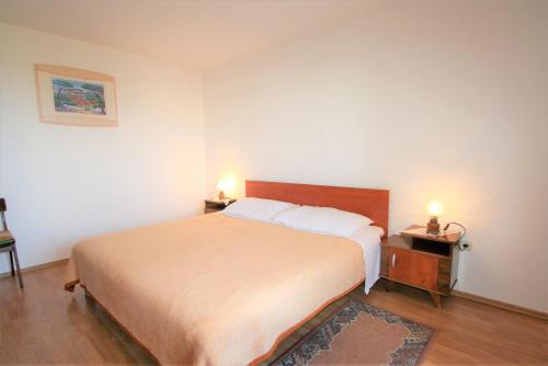 a bedroom with a large bed and two lamps on tables at Apartments Livio Stranici in Rošini
