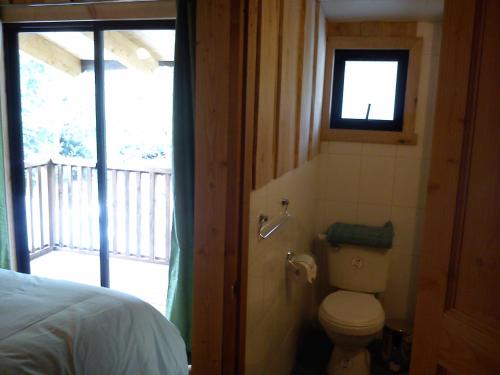 a bathroom with a toilet and a window at Hostal Los Alamos Neltume in Neltume