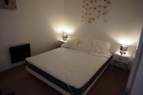 ein Schlafzimmer mit einem Bett mit zwei Nachttischen und zwei Lampen in der Unterkunft Les feignes cerfdoré in La Bresse