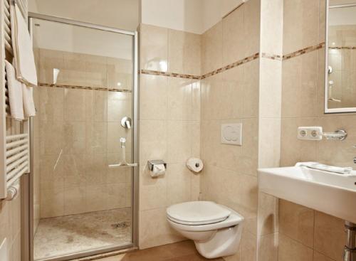 La salle de bains est pourvue d'une douche, de toilettes et d'un lavabo. dans l'établissement Naturresort Senningerhof, à Bramberg am Wildkogel
