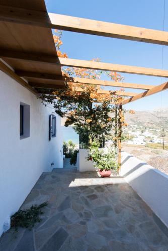 a building with a wooden roof with a potted plant at Erisimo in Aegiali