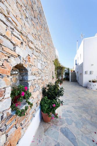 a stone wall with potted plants next to a building at Erisimo in Aegiali