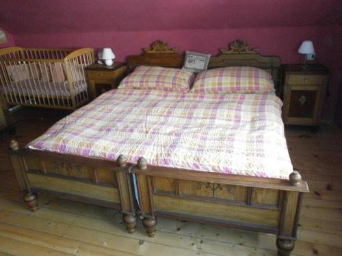 a bedroom with a bed with a plaid comforter at Letni byt in Povrly