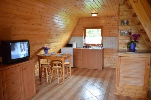 a kitchen with a table and a tv in a cabin at 7 Dziewczyn in Dźwirzyno