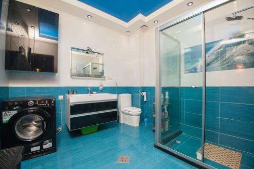 een badkamer met een wasmachine en een wastafel bij Lilika Apartments on Meskhishvili in Tbilisi City