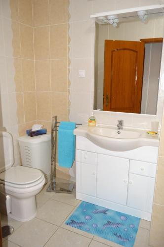a bathroom with a toilet and a sink and a mirror at Apartamento na Cidade do Surf in Peniche
