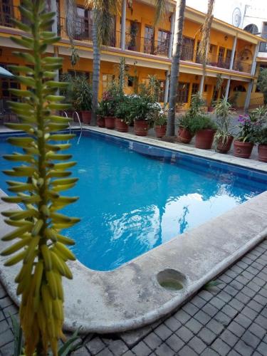 a large blue swimming pool in front of a building at Hotel Plaza del Sol in Malinalco