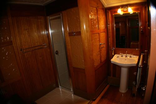 uma casa de banho com um lavatório, um chuveiro e um WC. em Carriages Spa Retreat em Echuca