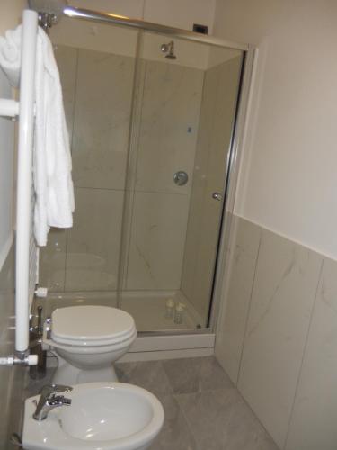 a bathroom with a toilet and a shower at Il vecchio Fauno in Pompei
