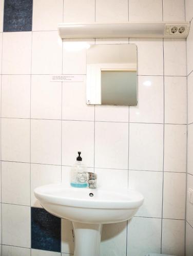 a bathroom with a white sink and a mirror at Valaste Puhkeküla in Kohtla-Järve