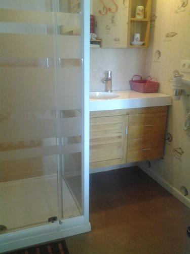 W łazience znajduje się szklana kabina prysznicowa i umywalka. w obiekcie La Pastourelle Chambre d Hôtes w mieście Saint-Méloir-des-Ondes