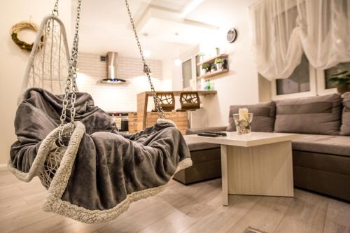 - un fauteuil suspendu dans le salon avec canapé dans l'établissement Cicha Oaza, à Kielce
