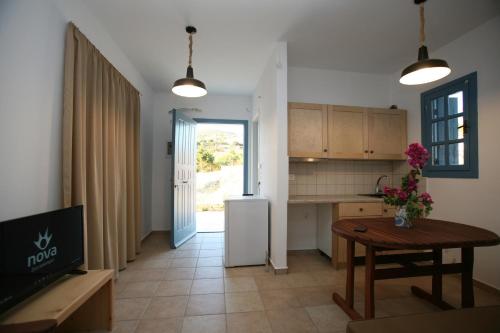 a kitchen with a table and a refrigerator in a room at St George Village in Batsi