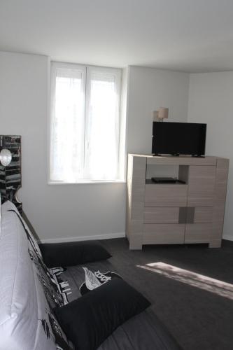 salon z telewizorem i kanapą w obiekcie Location La mouette w mieście Fort-Mahon-Plage