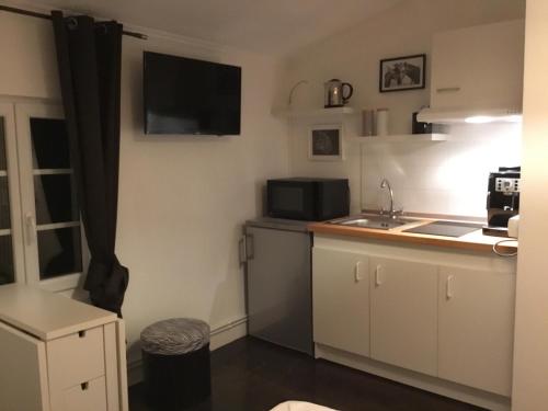 una pequeña cocina con fregadero y microondas en Le Lodge centre 400m gare wifi linge de pressing, en Niort