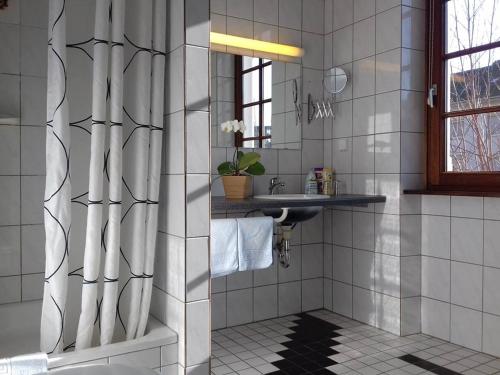 ein Bad mit einem Waschbecken und einem Duschvorhang in der Unterkunft Badischer Hof in Mannheim