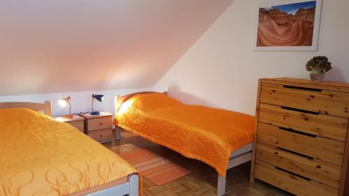 1 Schlafzimmer mit 2 Betten und einer Kommode in der Unterkunft Apartma Ravbar in Kranjska Gora
