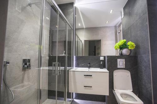 y baño con ducha, aseo y lavamanos. en Apartament w Cieplicach en Jelenia Góra