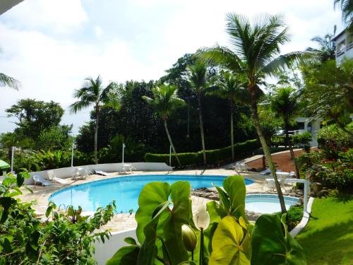 a swimming pool in a resort with palm trees at Condominio Wembley Forest Sea in Ubatuba