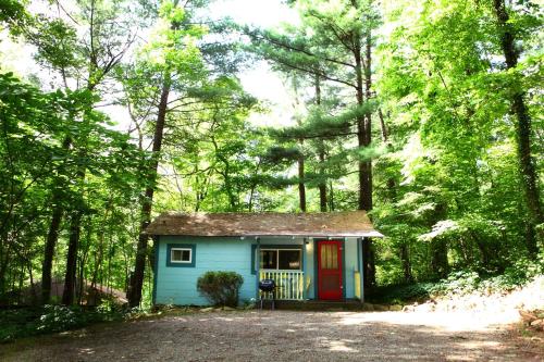 a small blue house with a red door in the woods at The Pines Cottages in Asheville