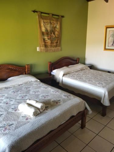 two beds in a room with green walls at Hotel Monte Campana Heredia in Birrí