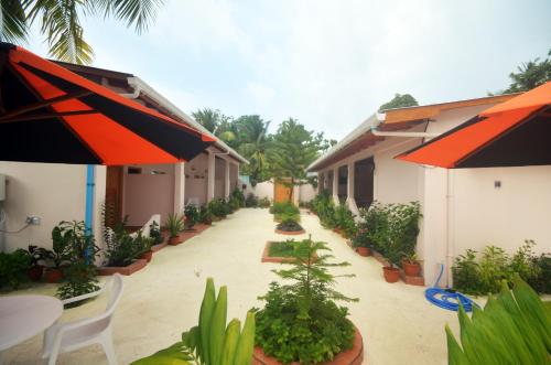 a courtyard with plants and tables and umbrellas at Evila Inn - Thoddoo in Thoddoo