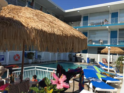 a resort swimming pool with chairs and a straw umbrella at Bird of Paradise Motel in North Wildwood