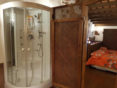 a shower with a glass door in a bathroom at Les Casetes del Congost Vilatge Resort Barcelona in Tagamanent