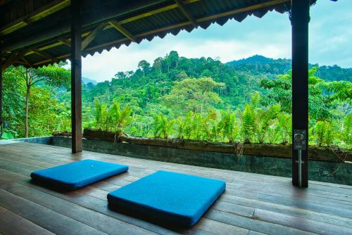 two blue mats on a wooden deck with a view of a mountain at The Dusun in Seremban
