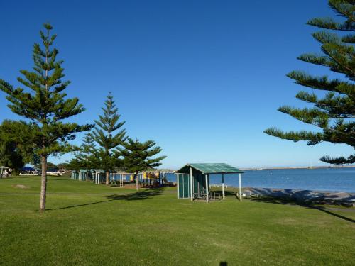 a park with trees and houses on the beach at Leander Reef Holiday Park in Port Denison