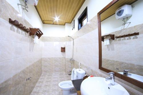 a bathroom with a sink and a toilet and a mirror at Quang Xuong Homestay in Hoi An