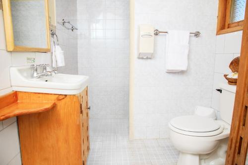 a bathroom with a white toilet and a sink at Regis Hotel Spa in Panajachel