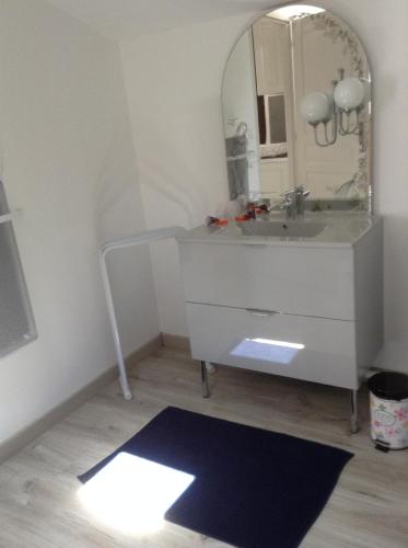 a bathroom with a sink and a mirror at Gite Larrondoa in Saint-Esteben