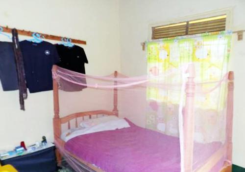 Uganda Lodge في Ruhanga: غرفة نوم بسرير مع مظلة