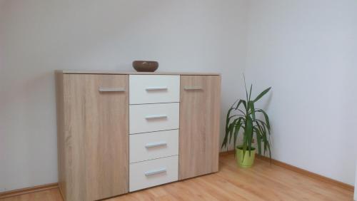 a wooden cabinet with drawers and a vase on top at Jeseník náměstí podkroví in Jeseník